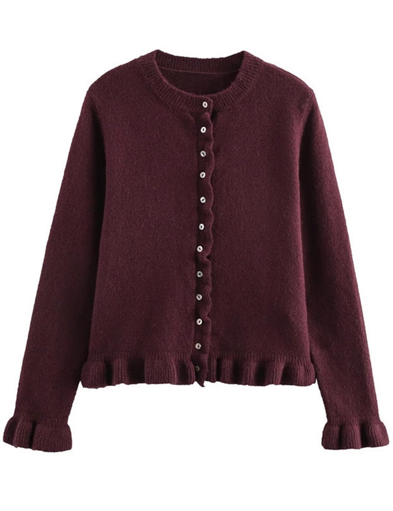 Yimoon Women's Cropped Cardigan Sweater Ruffle Frilly Long Sleeve Button Down Cute Knit Outwear 2025 Trendy(WineRed-S) - Image 4