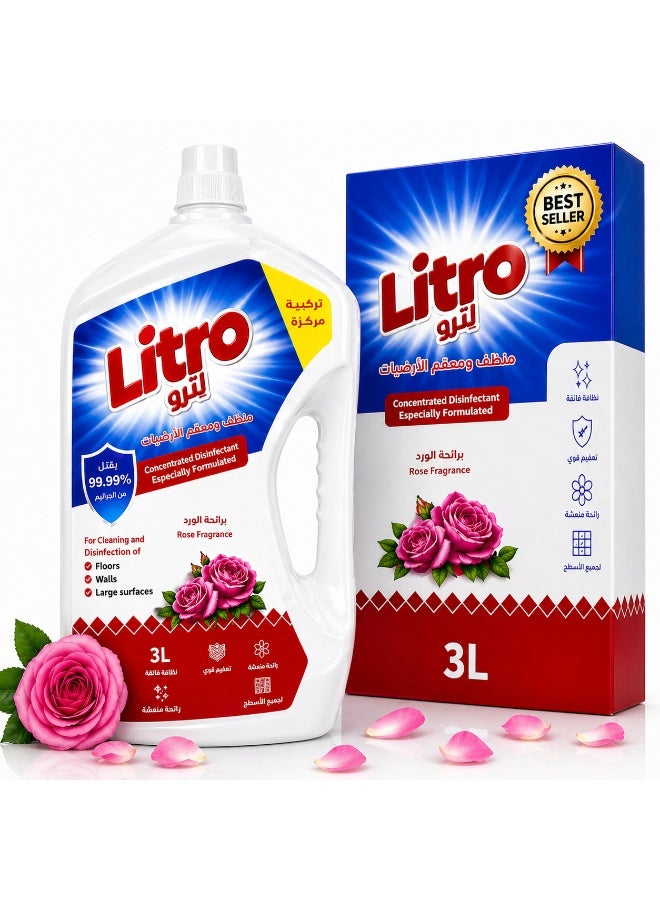 Litro Floor Cleaner Liquid & Disinfectant 3L – Rose Fragrance – Multipurpose Floor Cleaning Liquid, Powerful Floor Disinfectant for Deep Cleaning & Long Lasting Freshness - Image 1