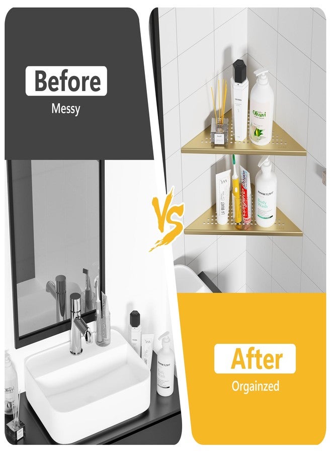 Neodrain مجموعة رفوف جدارية زاوية ذهبية من نيودرين مقاس 12 بوصة (قطعتان)، رفوف زاوية عائمة للجدار، رفوف تخزين جدارية من الفولاذ المقاوم للصدأ 304 للحمام، لا حاجة للثقب - Image 4