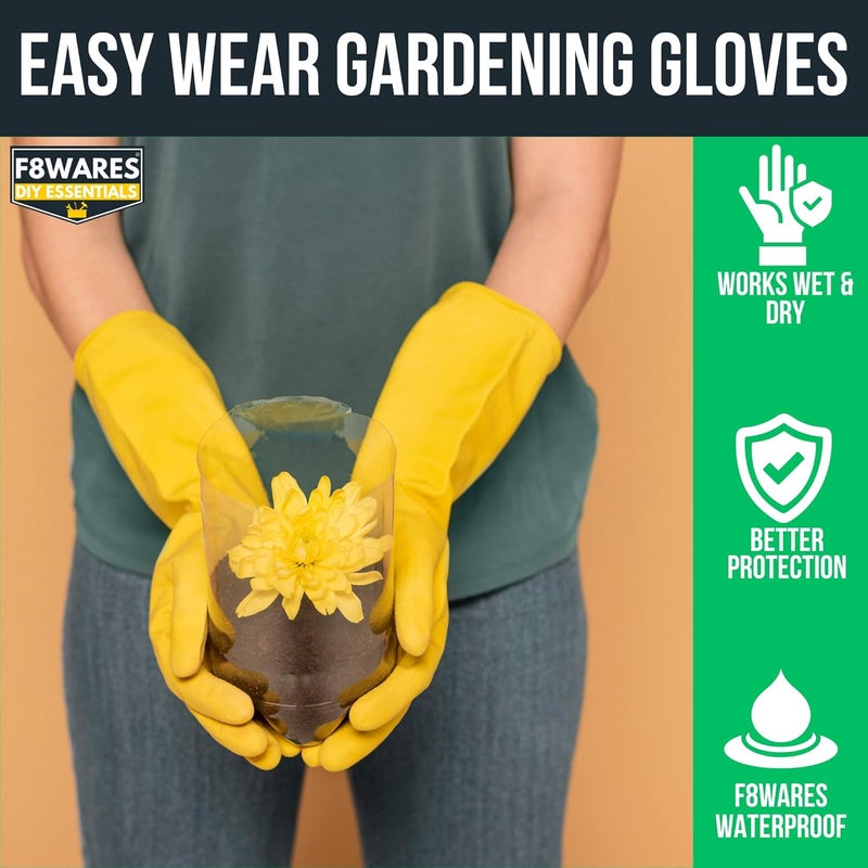 F8WARES قفازات السميكة والمتينة من مادة اللاتكس المطاطي/قفازات البستنة الطويلة لأعمال الحديقة المنزلية والزراعة، عبوة زوج واحد أصفر - Image 3