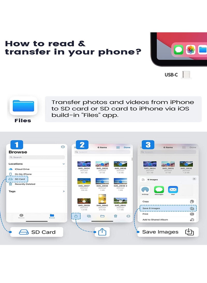 Captaintech 5-in-1 Memory Card Reader, USB OTG Adapter & SD Card Reader for iPhone/iPad, USB C and USB A Device, OTG Adapter for SD/Micro SD/SDHC/SDXC/MMC - Image 4