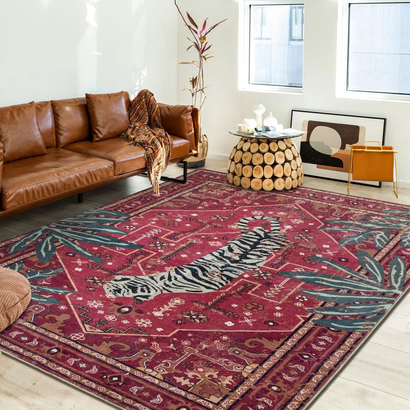 Aldopein Tribal Rugs Summer Tropical 4x6 Area Rugs Wine Red Traditional Boho Vintage Oriental Rug Carpet for Bedroom Kitchen Dining Living Room Indoor Entryway Washable - Image 2