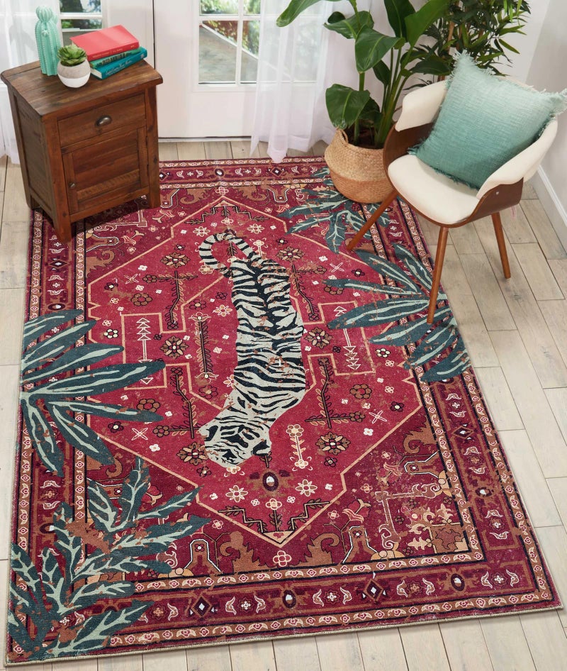 Aldopein Tribal Rugs Summer Tropical 4x6 Area Rugs Wine Red Traditional Boho Vintage Oriental Rug Carpet for Bedroom Kitchen Dining Living Room Indoor Entryway Washable - Image 1