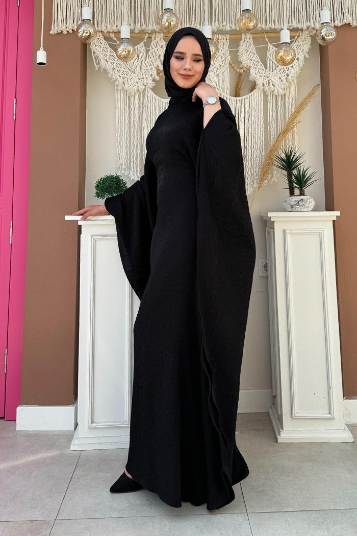 Bym Fashion Batwing Waist Hidden Rope Belt Dress 3891 Black - Image 3