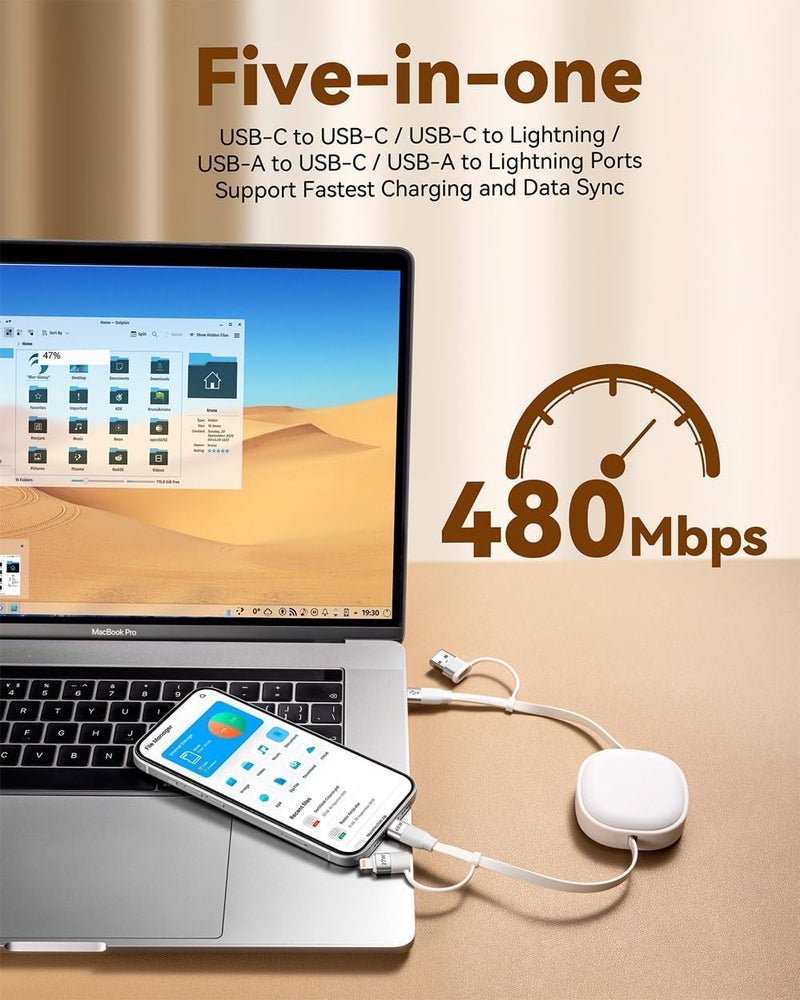 Minlu 65W Retractable Charging Cable,5 in 1 Multi Charger Cable for Travel,USB Type C Charger Cord Fast Charging Cable with USB A/C to USBC+L for iPhone 17 16 15,iPad,Samsung,PS,Macbook-2Pack,3.8ft - Image 3