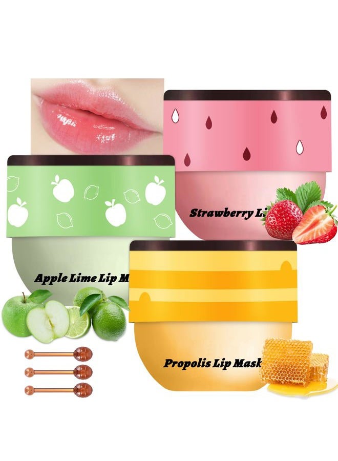 LemonSac 3 PCS Bee Lip Balm Honey Pot, Honey & Strawberry & Watermelon Lip Mask Overnight Propolis Moisturizing Lip Balm Hydrating Prevention Dry and Crack Lip Scrubs Exfoliator Lip Wrinkle Care (Set B) - Image 1