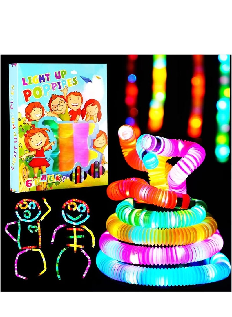 OMEVE 6 Pack Light Up Pop Tubes Fidget Toy Sensory Tubes Toddler Toys LED Pop Glow Sticks Glow in The Dark Party Supplies Party Bag Fillers for Kids  - Image 1