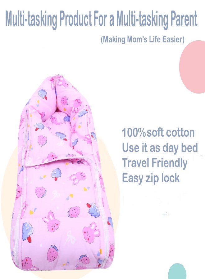 Nonibud Baby Cotton Sleeping Bed Cum Carrying Nest Bag with Storage Bag # Large Size 77 Cms X 40 Cms # 0-9 Months- SkyBlue Star Print (Pink Teddy) - Image 3
