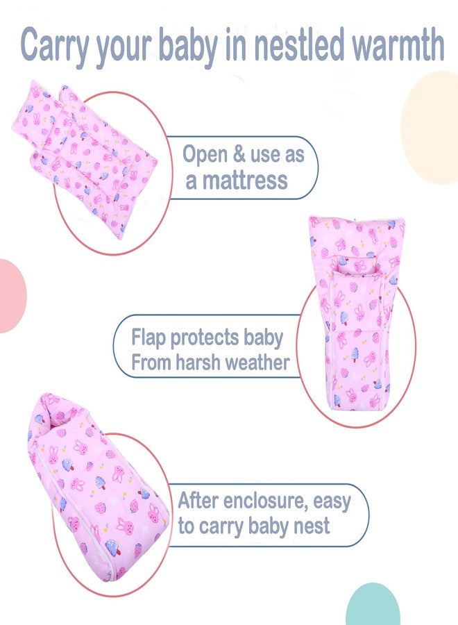 Nonibud Baby Cotton Sleeping Bed Cum Carrying Nest Bag with Storage Bag # Large Size 77 Cms X 40 Cms # 0-9 Months- SkyBlue Star Print (Pink Teddy) - Image 5