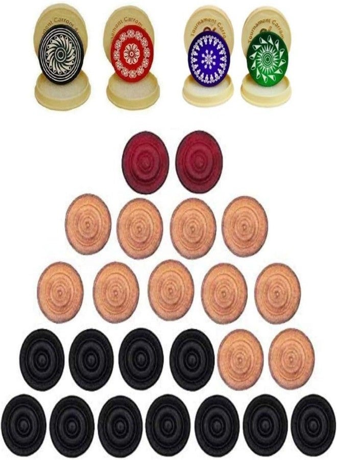 VikingOaksLLC Carrom Board Wooden Coins and Tournament Striker Professional Set, (24 Carrom Board Pieces + 4 Striker Random Design with Case) – White/Red/Black - Image 1