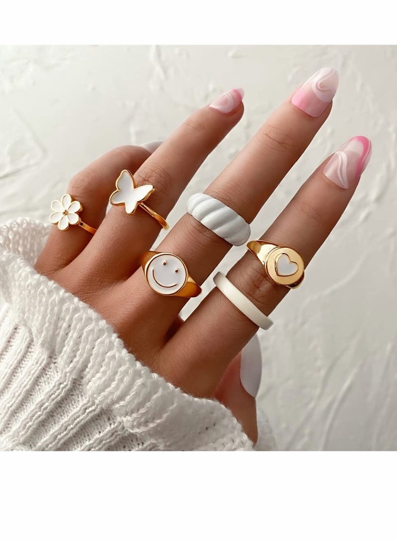 lovely Rings Set, Chunky Rings Jewelry Trendy Smiley Face Flower Heart Butterfly Rings Aesthetic Statement Stackable Rings, Lucky Face Rings for Couples, Gift for Women Men Girls, 6 PCS - Image 1