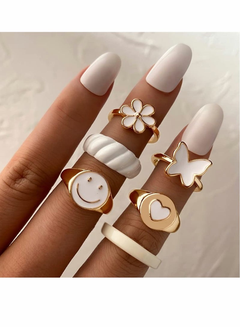 lovely Rings Set, Chunky Rings Jewelry Trendy Smiley Face Flower Heart Butterfly Rings Aesthetic Statement Stackable Rings, Lucky Face Rings for Couples, Gift for Women Men Girls, 6 PCS - Image 2