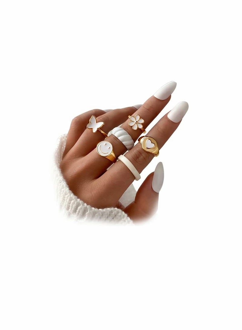 lovely Rings Set, Chunky Rings Jewelry Trendy Smiley Face Flower Heart Butterfly Rings Aesthetic Statement Stackable Rings, Lucky Face Rings for Couples, Gift for Women Men Girls, 6 PCS - Image 4