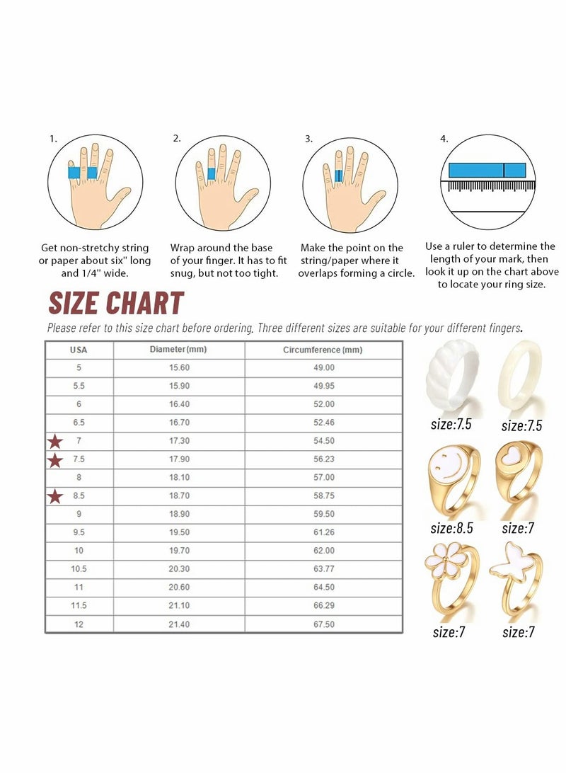 lovely Rings Set, Chunky Rings Jewelry Trendy Smiley Face Flower Heart Butterfly Rings Aesthetic Statement Stackable Rings, Lucky Face Rings for Couples, Gift for Women Men Girls, 6 PCS - Image 3
