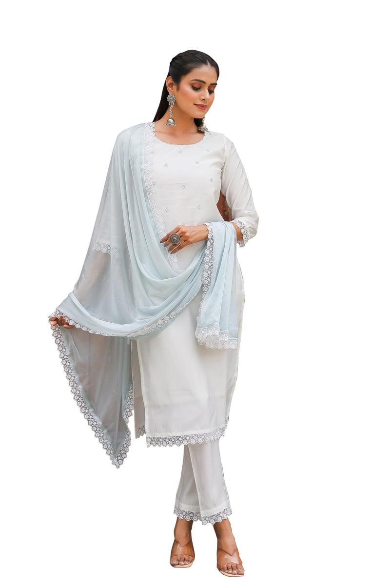 Rajnandini Women's Poly Silk Solid Kurta Set with Dupatta (JOPLRJN16-XL_White_XL) - Image 1