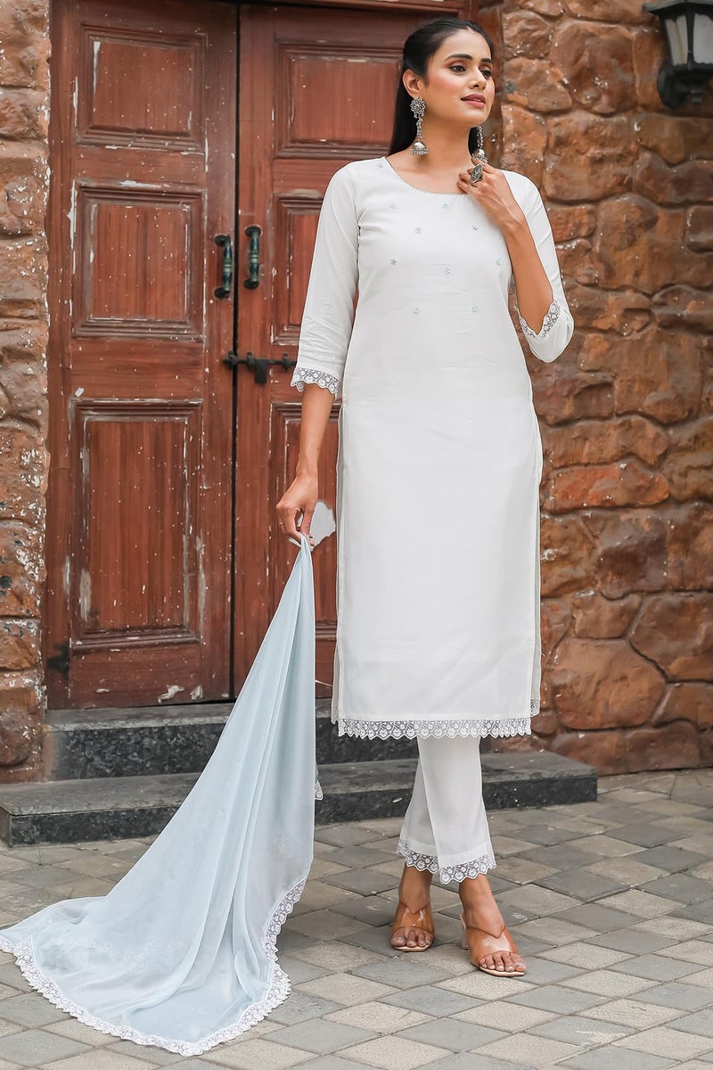 Rajnandini Women's Poly Silk Solid Kurta Set with Dupatta (JOPLRJN16-XL_White_XL) - Image 4