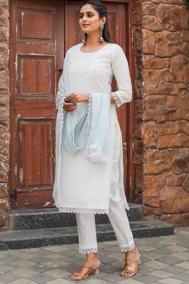 Rajnandini Women's Poly Silk Solid Kurta Set with Dupatta (JOPLRJN16-XL_White_XL) - Image 5
