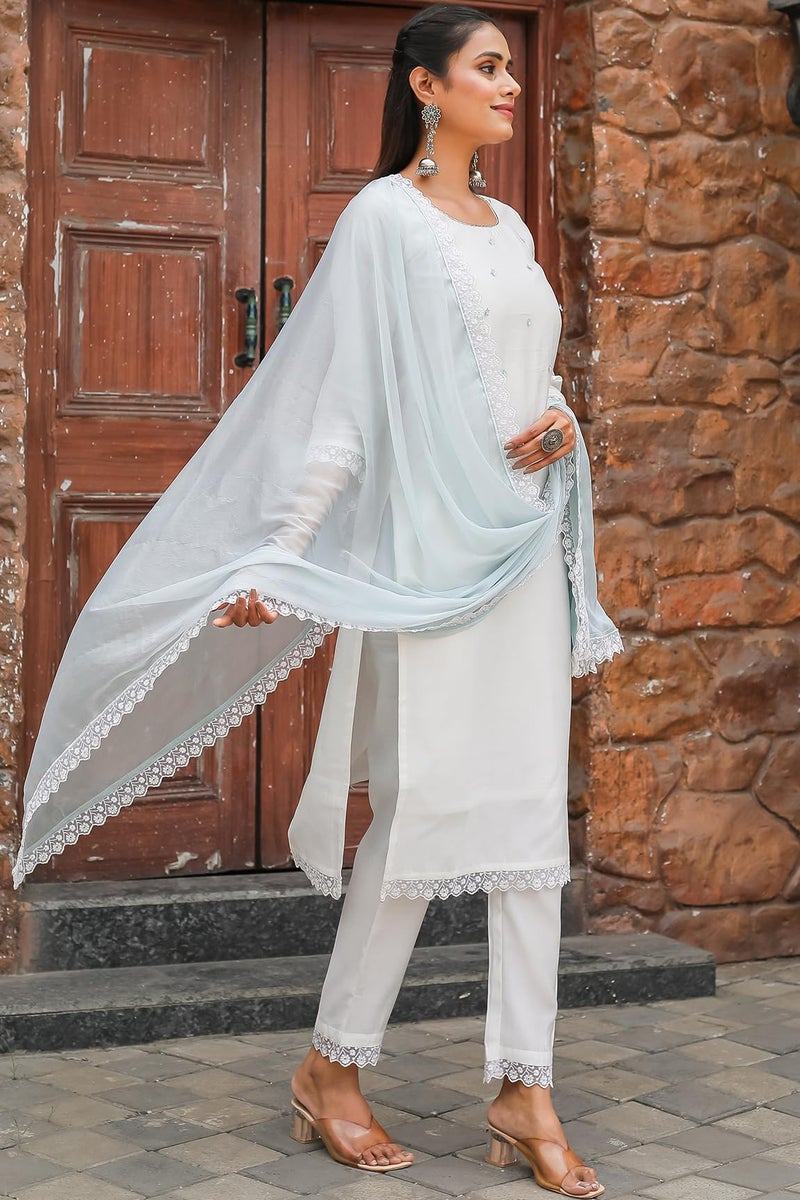 Rajnandini Women's Poly Silk Solid Kurta Set with Dupatta (JOPLRJN16-XL_White_XL) - Image 3