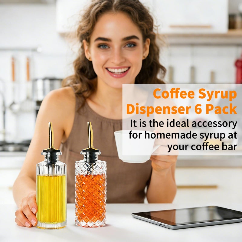 INFTYLE Coffee Syrup Dispenser Bottles Set 6 Pack 7 OZ, Simple Small Glass Syrup Bottles for Coffee Bar with Metal Pour Spout Ideal for Coffee Syrups, Honey - Image 3