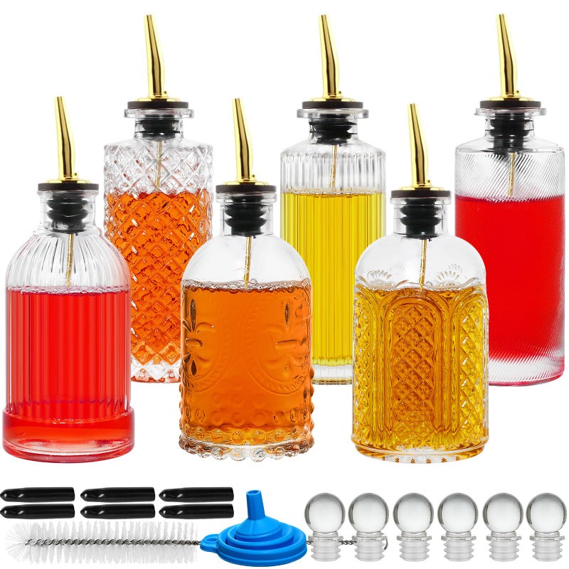 INFTYLE Coffee Syrup Dispenser Bottles Set 6 Pack 7 OZ, Simple Small Glass Syrup Bottles for Coffee Bar with Metal Pour Spout Ideal for Coffee Syrups, Honey - Image 1