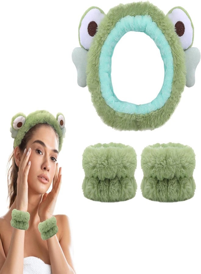 CORSULA 3-Piece Frog Spa Headband and Wristband Set - Green Frog Eye Elastic Headband,Cute Makeup Hair Band with Wristband for Women Girls Face Washing Skincare ShowerGreen, Regular) - Image 1