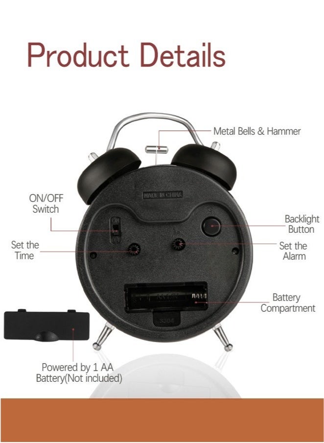 Bukela Twin Bell Alarm Clock, Loud Alarm Clock with Backlight, Silent Clock for Bedroom Home or Office, Great for Heavy Sleepers - Image 3
