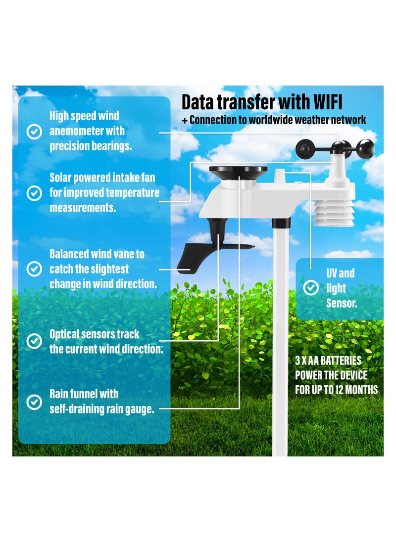 Wireless WiFi Weather Station with 8.2-inch Display, Indoor Outdoor Rain Gauge, Wind Speed Monitor, and Weather Forecasting
