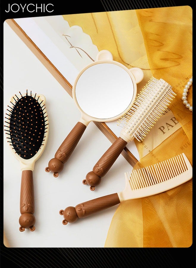 Joychic مجموعة مرآة يد وفرشاة شعر لطيفة مكونة من 4 قطع، مشط تدليك، مشط بأسنان دقيقة، مرآة شخصية على شكل قطة، فرشاة دائرية للشعر المجعد للفتيات لتصفيف الشعر الرطب والجاف (بني) - Image 1