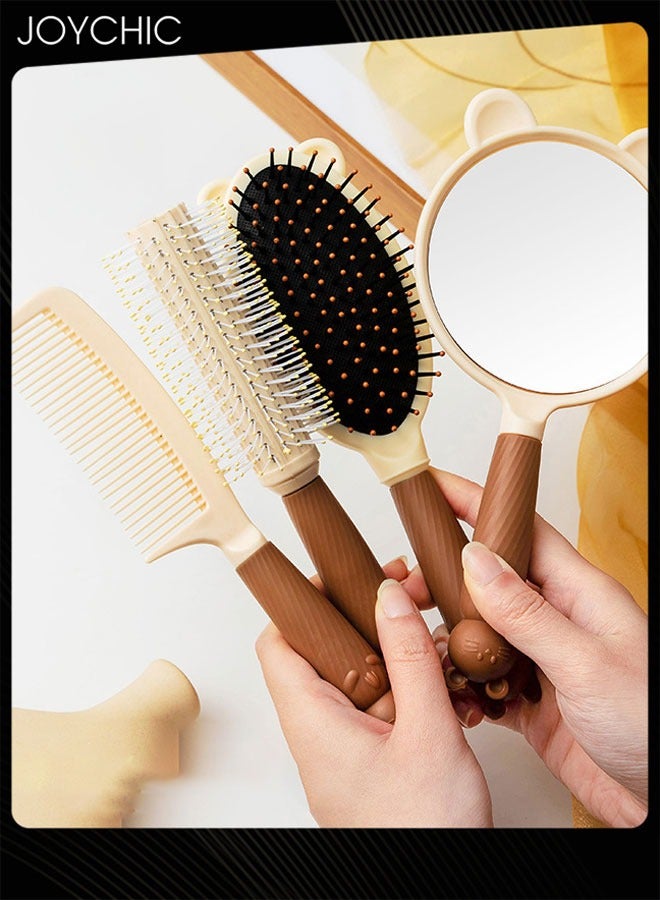 Joychic مجموعة مرآة يد وفرشاة شعر لطيفة مكونة من 4 قطع، مشط تدليك، مشط بأسنان دقيقة، مرآة شخصية على شكل قطة، فرشاة دائرية للشعر المجعد للفتيات لتصفيف الشعر الرطب والجاف (بني) - Image 2