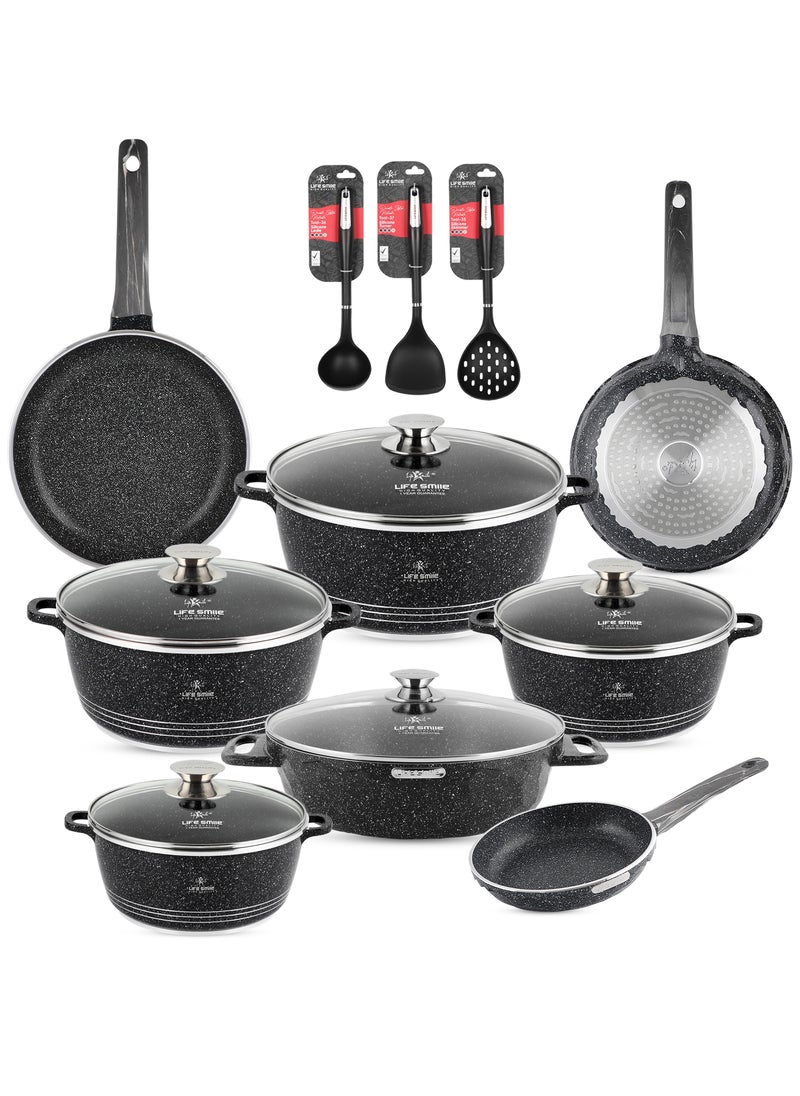 Life Smile Cookware Set 16 pieces -Pots and Pans set Granite Non Stick Coating 100% PFOA FREE, Die Cast aluminum Cooking Set include Casseroles & Shallow Pot & Pancake Pan & Silicone Utensils  - Image 1