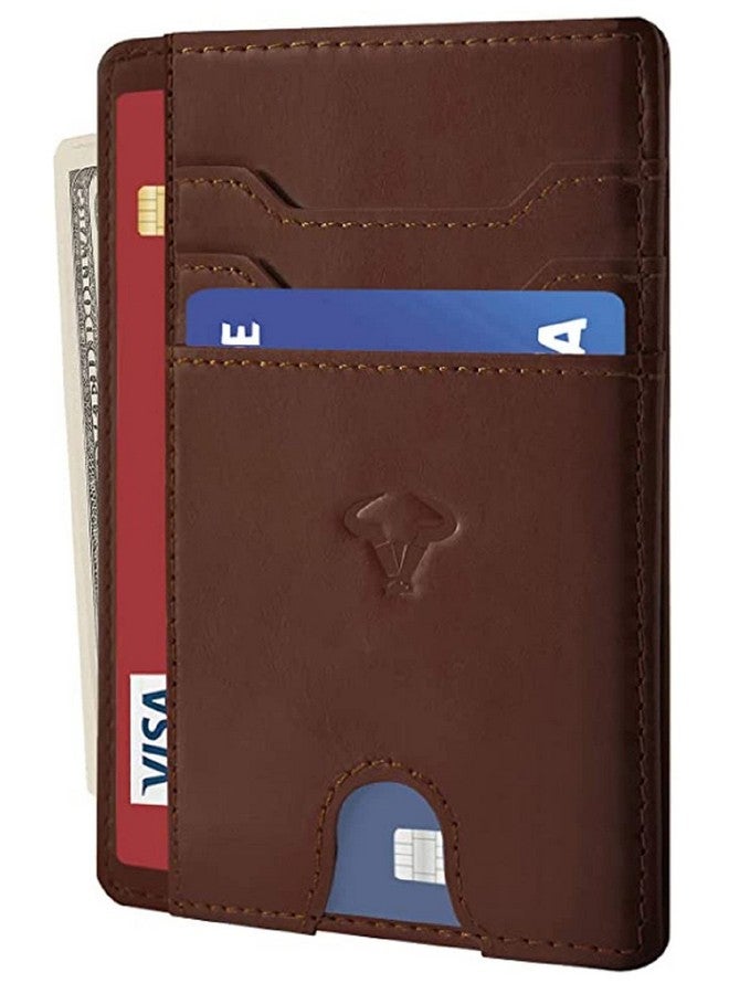Contacts Genuine Leather Slim Wallet | RFID Blocking Skinny Minimal Thin Front Pocket Wallet Sleeve Card Holder for Men | Up to 7 Card Slots Including 1 ID Window (Brown) - Image 1