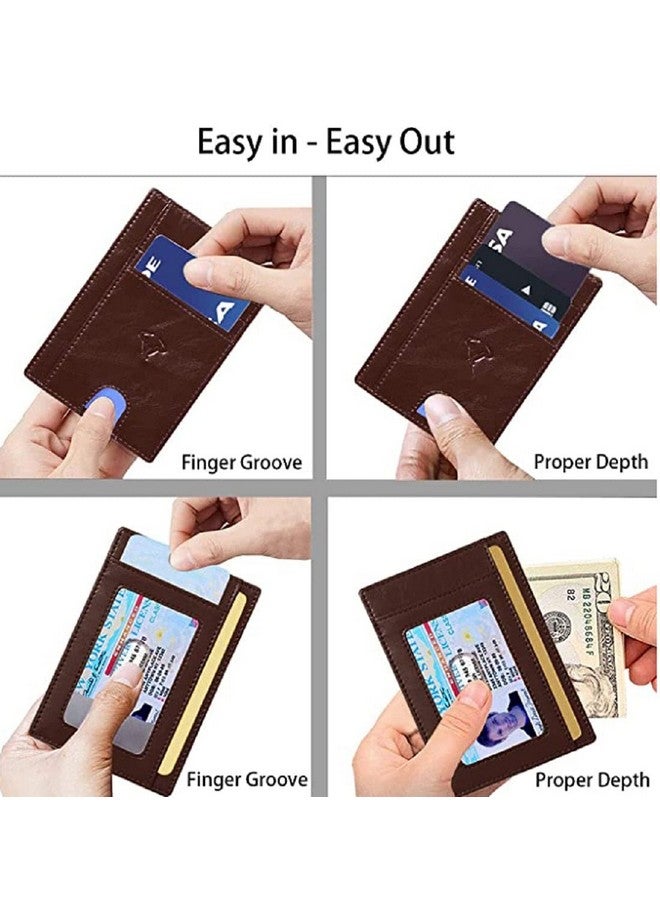 Contacts Genuine Leather Slim Wallet | RFID Blocking Skinny Minimal Thin Front Pocket Wallet Sleeve Card Holder for Men | Up to 7 Card Slots Including 1 ID Window (Brown) - Image 2