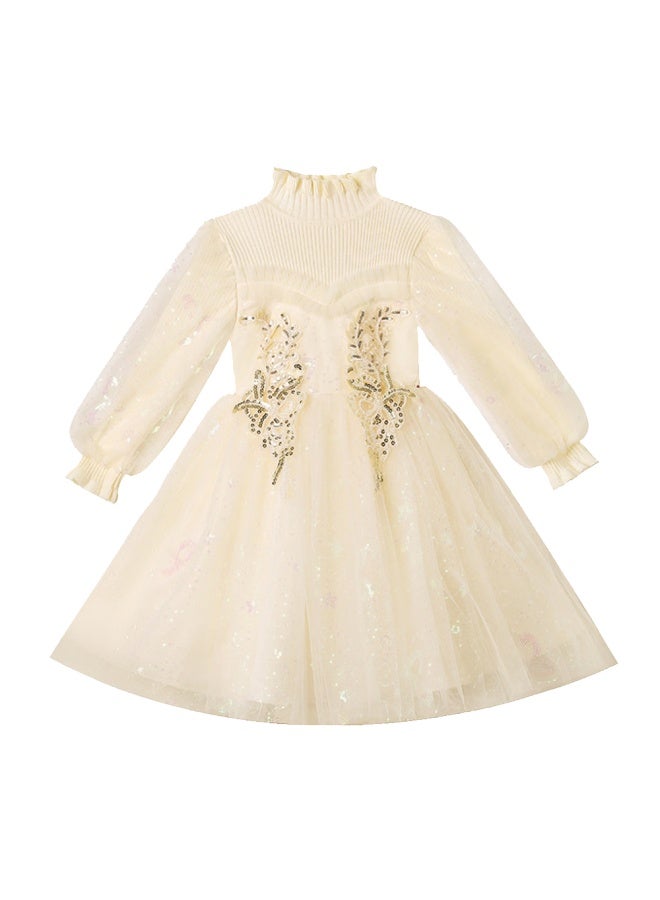 LUOBOBEIBEI Luobobeibei Girls Princess Dress Autumn Winter Thickened Evening Dress Girls Birthday Host Piano Performance Costume Beige 150  - Image 4