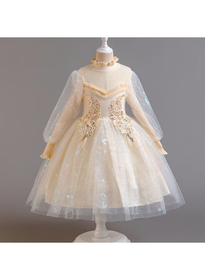 LUOBOBEIBEI Luobobeibei Girls Princess Dress Autumn Winter Thickened Evening Dress Girls Birthday Host Piano Performance Costume Beige 150  - Image 1