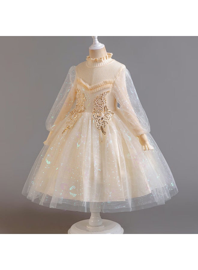 LUOBOBEIBEI Luobobeibei Girls Princess Dress Autumn Winter Thickened Evening Dress Girls Birthday Host Piano Performance Costume Beige 150  - Image 3
