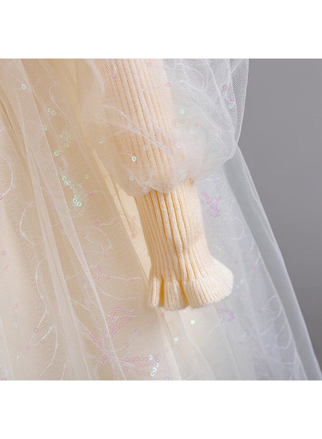 LUOBOBEIBEI Luobobeibei Girls Princess Dress Autumn Winter Thickened Evening Dress Girls Birthday Host Piano Performance Costume Beige 150  - Image 5