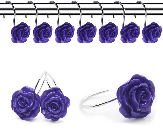 12 PCS HOME FASHION DECORATIVE ANTI RUST SHOWER CURTAIN HOOKS ROSE DESIGN SHOWER CURTAIN RINGS HOOKS PURPLE