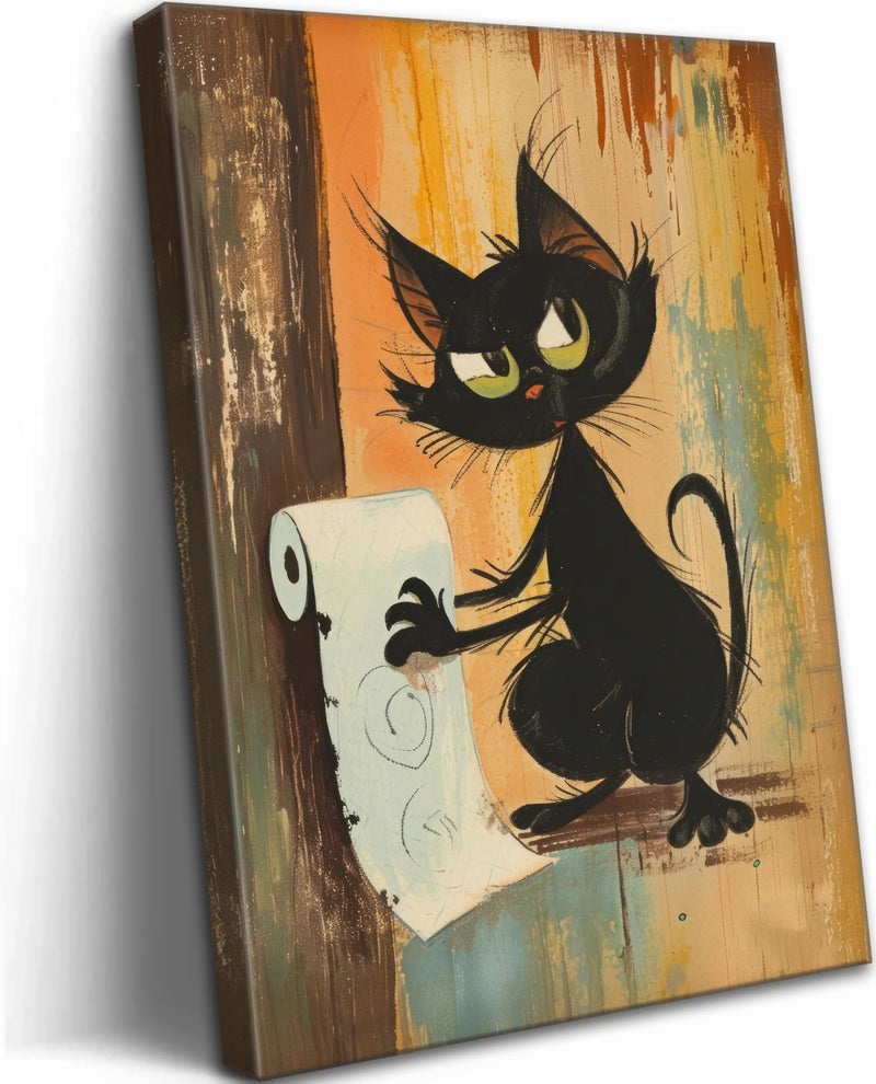 Framed Funny Black Cat Canvas Wall Art Vintage Black Cat Playing Paper Picture Wall Decor Abstract Cat Bathroom Poster Print Artwork for Bathroom Office Dining Room Home Decoration