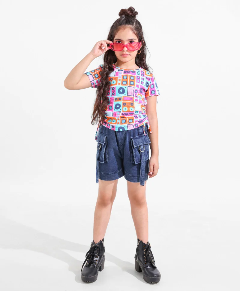 Ollington St. Ollington St. 100% Cotton Half Sleeves Music Print Top with Side Ruching and Stretchable Denim Shorts Set- Multicolor and Indigo