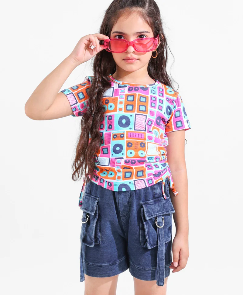 Ollington St. Ollington St. 100% Cotton Half Sleeves Music Print Top with Side Ruching and Stretchable Denim Shorts Set- Multicolor and Indigo