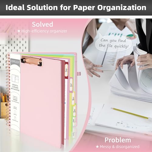 Ospelelf Leather Clipboard Folio with Notepad for Letter Size, Spiral Clipboard Folder with Storage Zipper Pouch, 5 Folders with 10 Pockets, 39 Divider Label Stickers, Pen Loop Series (Pink) - Image 5