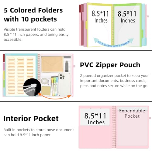 Ospelelf Leather Clipboard Folio with Notepad for Letter Size, Spiral Clipboard Folder with Storage Zipper Pouch, 5 Folders with 10 Pockets, 39 Divider Label Stickers, Pen Loop Series (Pink) - Image 2