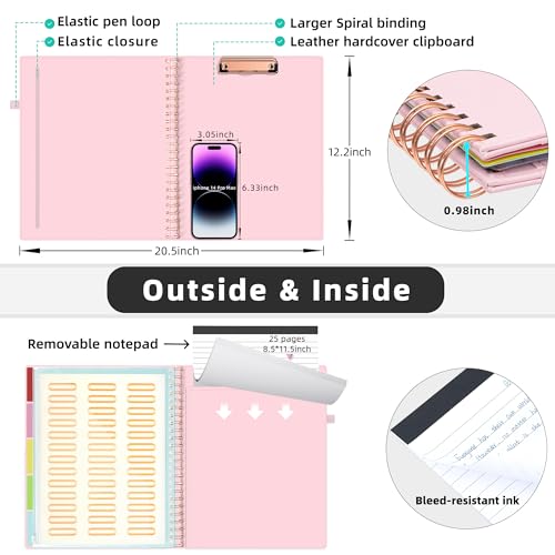 Ospelelf Leather Clipboard Folio with Notepad for Letter Size, Spiral Clipboard Folder with Storage Zipper Pouch, 5 Folders with 10 Pockets, 39 Divider Label Stickers, Pen Loop Series (Pink) - Image 3