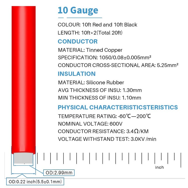 BNTECHGO سلك سيليكون BNTECHGO 10 قياس 10 قدم أحمر و 10 قدم أسود مرن 10 AWG نحاسي معزول بالتين - Image 2