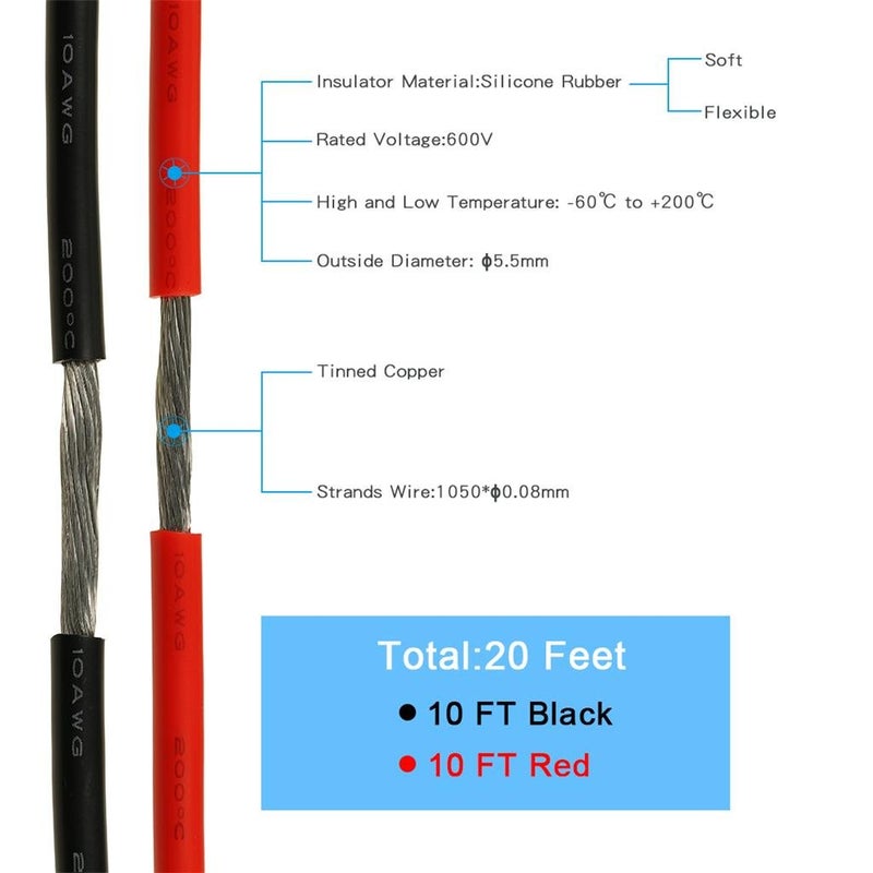 BNTECHGO سلك سيليكون BNTECHGO 10 قياس 10 قدم أحمر و 10 قدم أسود مرن 10 AWG نحاسي معزول بالتين - Image 4