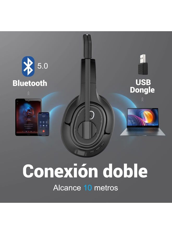 EKSA سماعة رأس لاسلكية H6 مع ميكروفون وموصل USB [حتى 55 ساعة ونطاق 10 أمتار] سماعة بلوتوث للكمبيوتر مع ميكروفون لإلغاء الضوضاء بالذكاء الاصطناعي، سماعة فوق الأذن للأعمال/المكتب/المنزل/الفرق/زووم - Image 2
