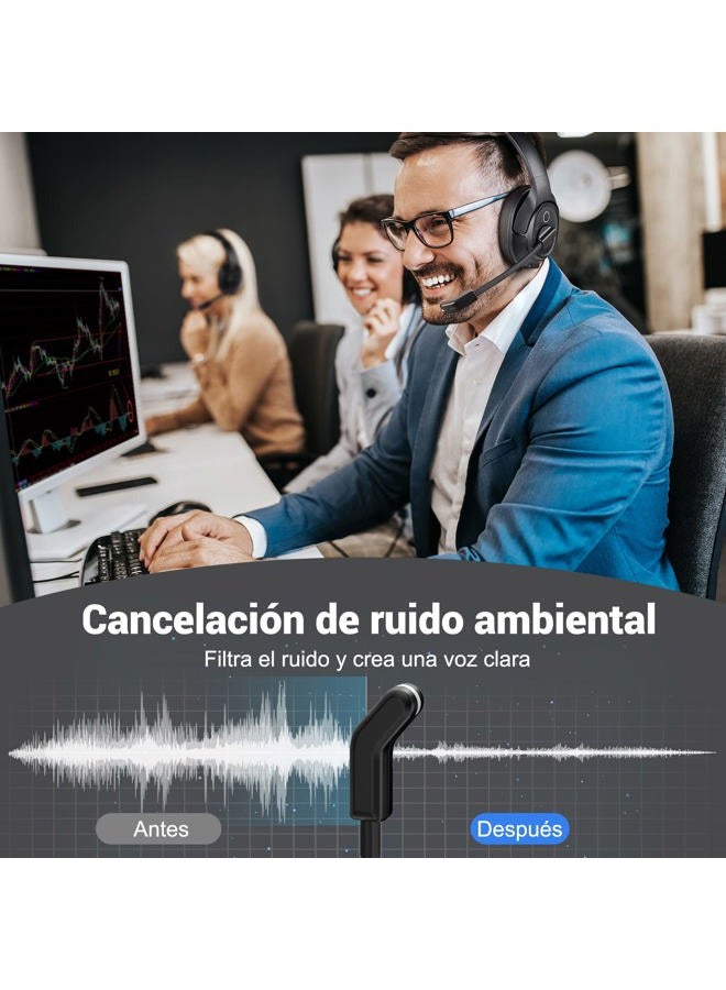 EKSA سماعة رأس لاسلكية H6 مع ميكروفون وموصل USB [حتى 55 ساعة ونطاق 10 أمتار] سماعة بلوتوث للكمبيوتر مع ميكروفون لإلغاء الضوضاء بالذكاء الاصطناعي، سماعة فوق الأذن للأعمال/المكتب/المنزل/الفرق/زووم - Image 4