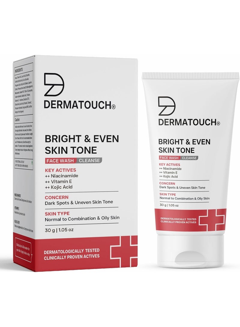 DERMATOUCH Bright & Even Tone Face Wash with Niacinamide Vitamin E and Kojic Acid | Daily Gentle Face Wash For Tan, Pigmentation, Uneven Tone - 30G
