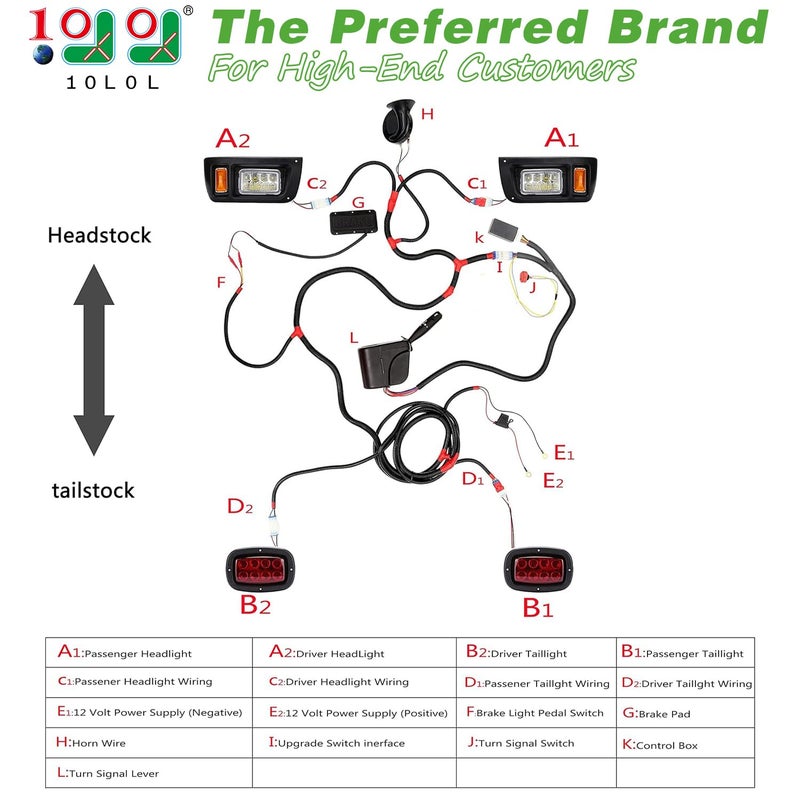 10L0L Golf Cart Light Kit for Club Car DS (12V) All Models with Head Light, Tail Lights, Turn Signals, Brake Lights Emergency Flasher and Horn - Image 2