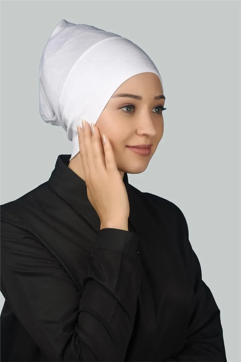 التوبة Ready-made Practical Snap-on Long Tube Hijab Bonnet - White